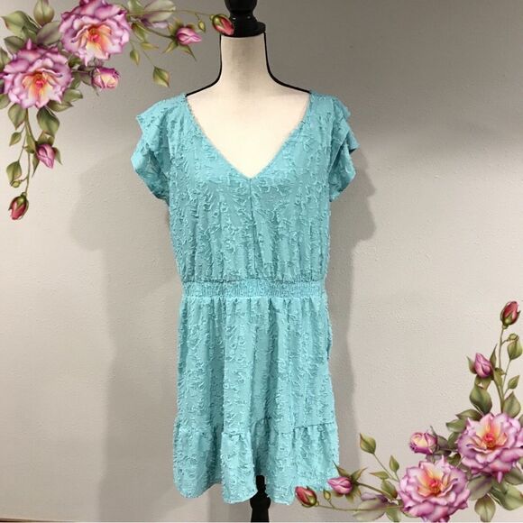 Short sleeve aqua color v-neck dress - Picture 1 of 15